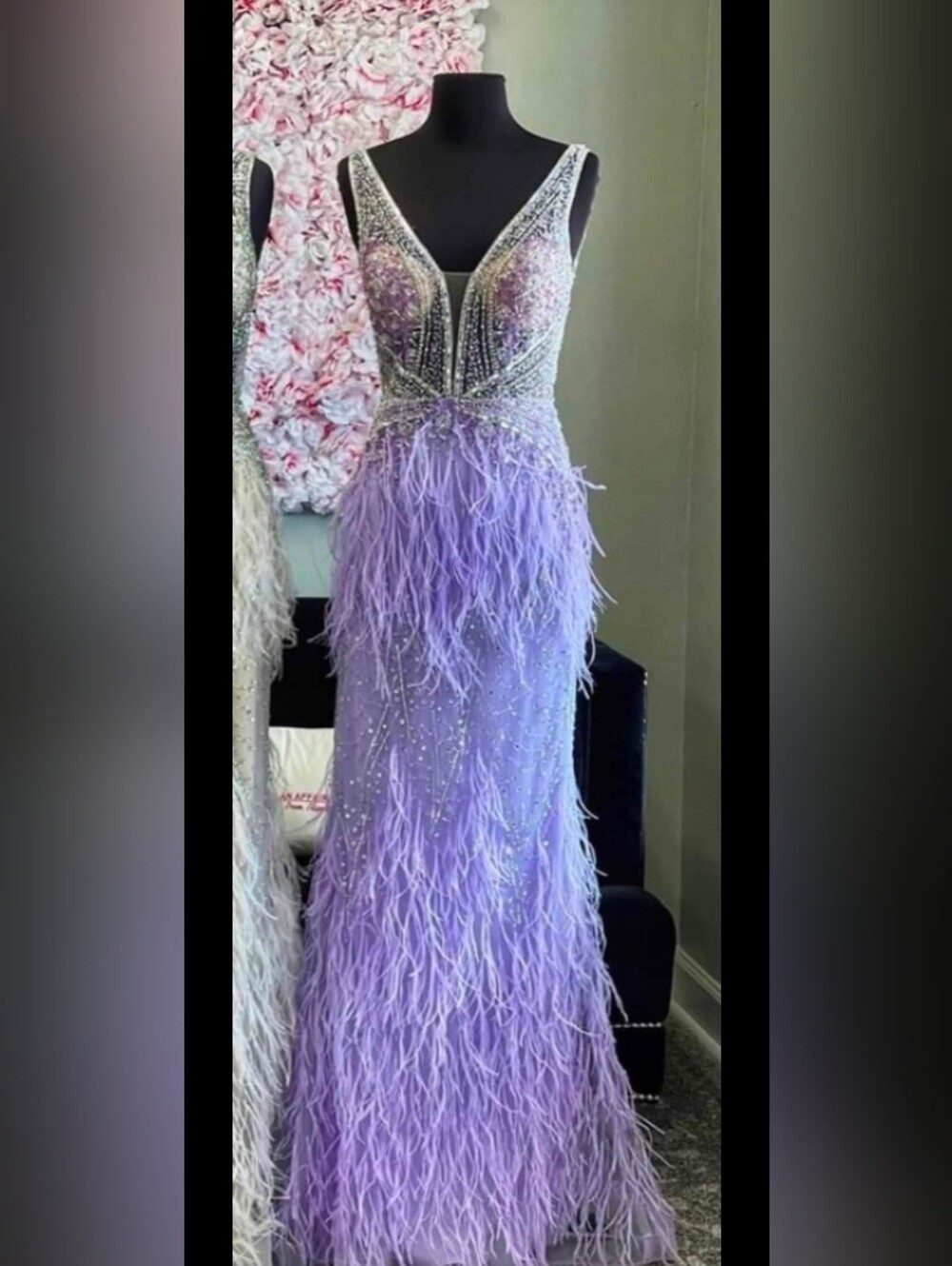 Jovani Lavender Beaded Feather Evening Dress